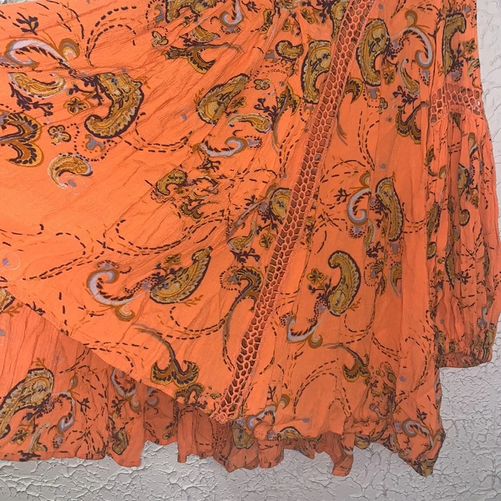 Free People *Flaw Tunic Mini Just The Two Of Us Paisley Orange XS Boho Whimsical